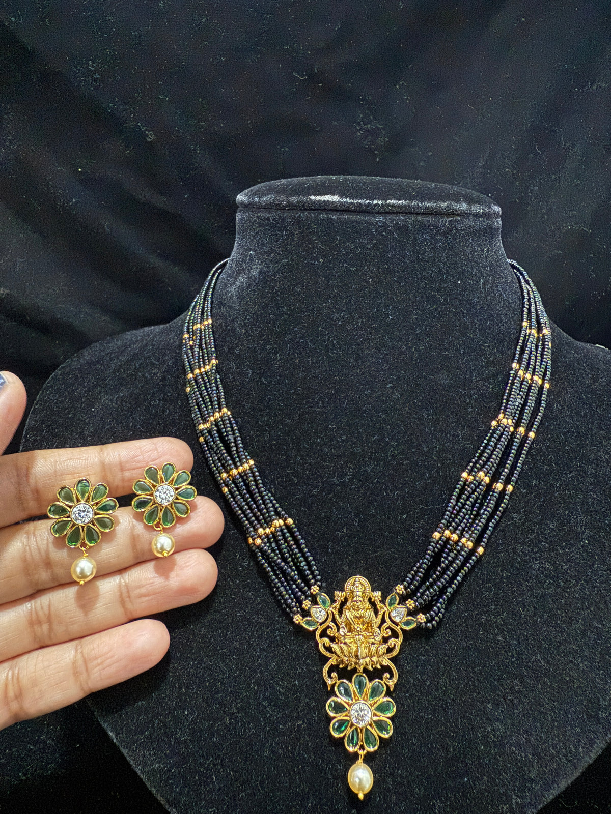 Black beads bunch with Lakshmi devi pendant and pushback Earrings!