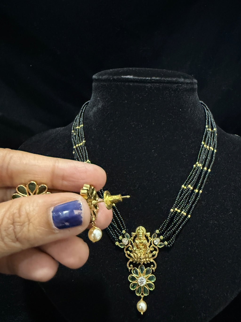 Black beads bunch with Lakshmi devi pendant and pushback Earrings!