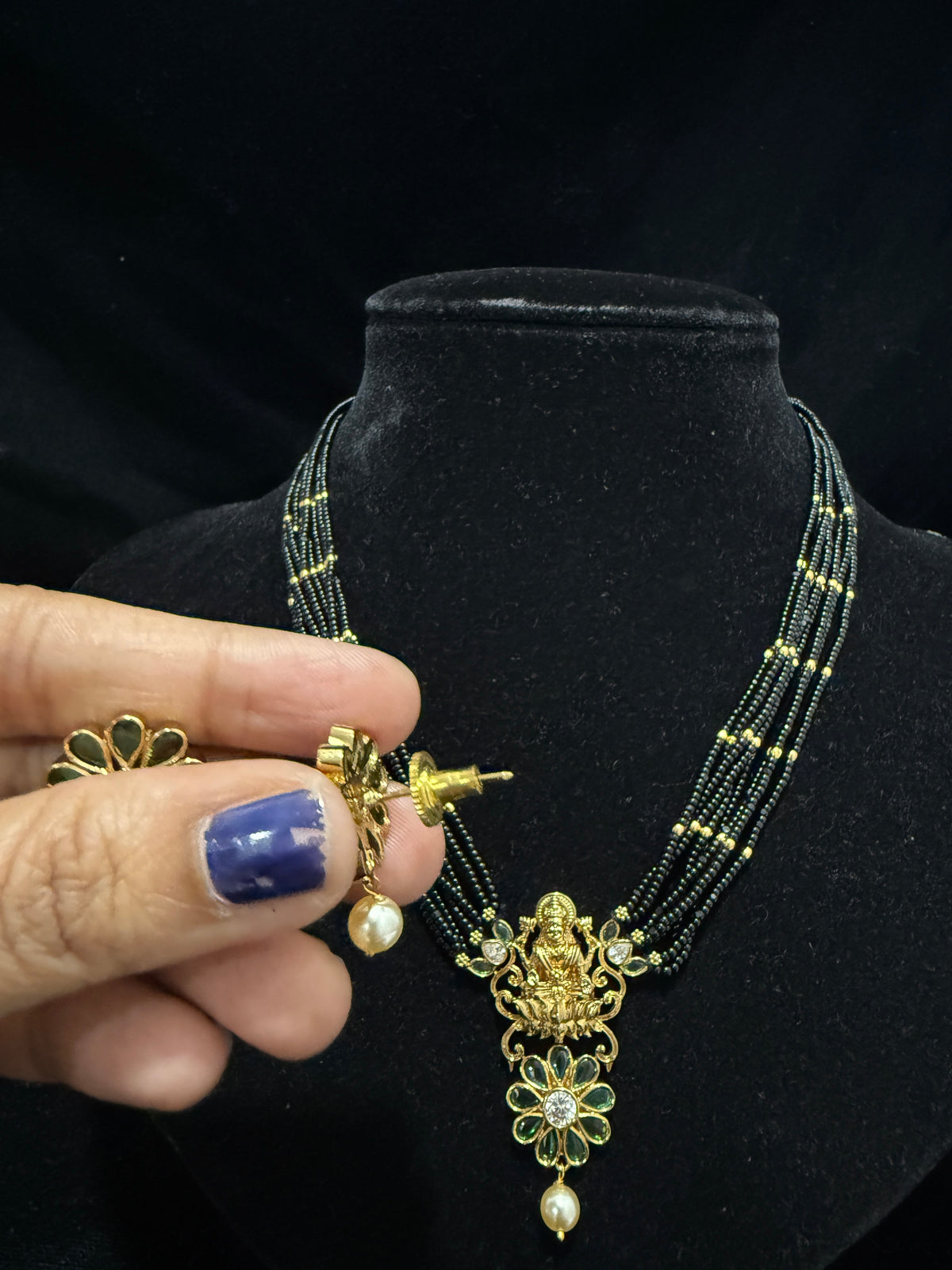Black beads bunch with Lakshmi devi pendant and pushback Earrings!